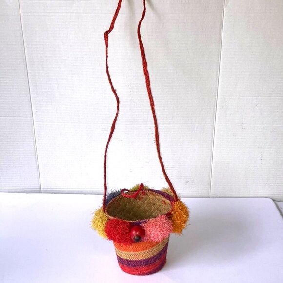 POM POM Mini Crossbody Straw Bucket Back Colorful Fun 5.75 x  5 inches - Picture 7 of 10